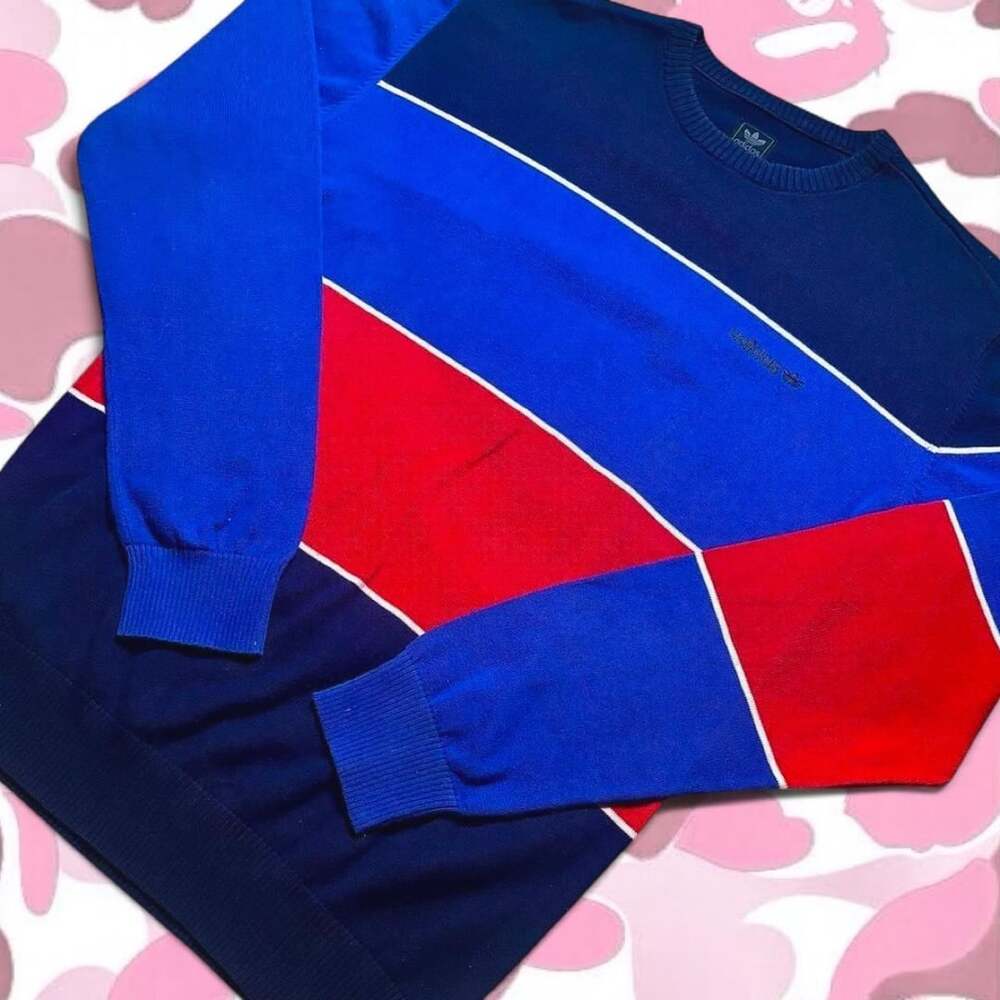 Adidas Vintage 90s Colorblock Knit Crewneck Sweater Navy Blue Red M